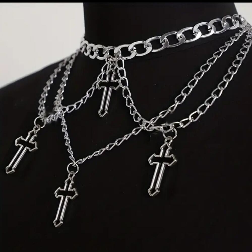Layered chain gothic cross silver tone necklace